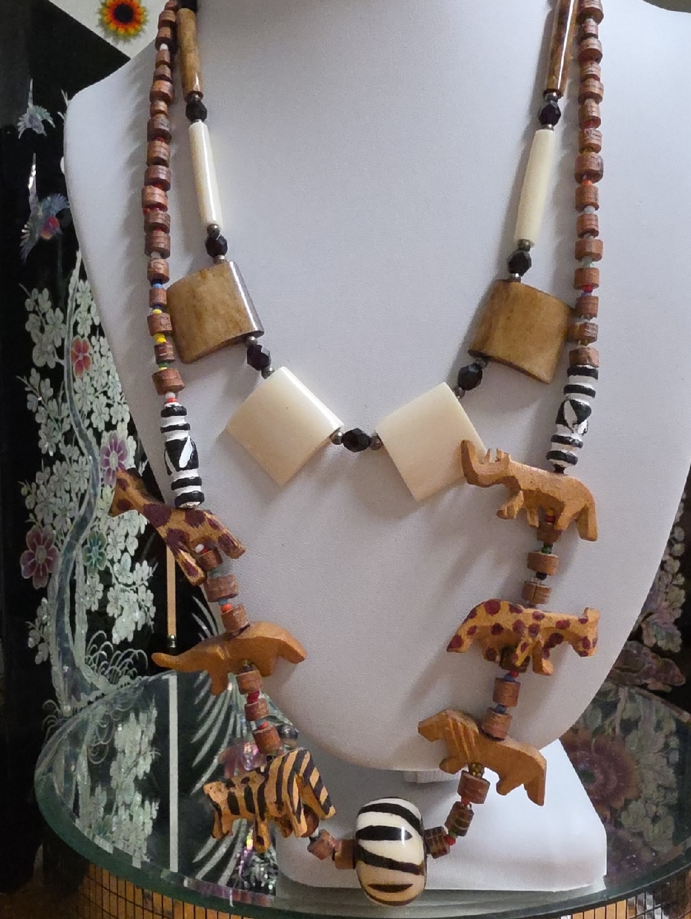 Artisan 1 Animal Wooden Bead Necklace w Bone Focal and 1 Two-tone Bone Necklace